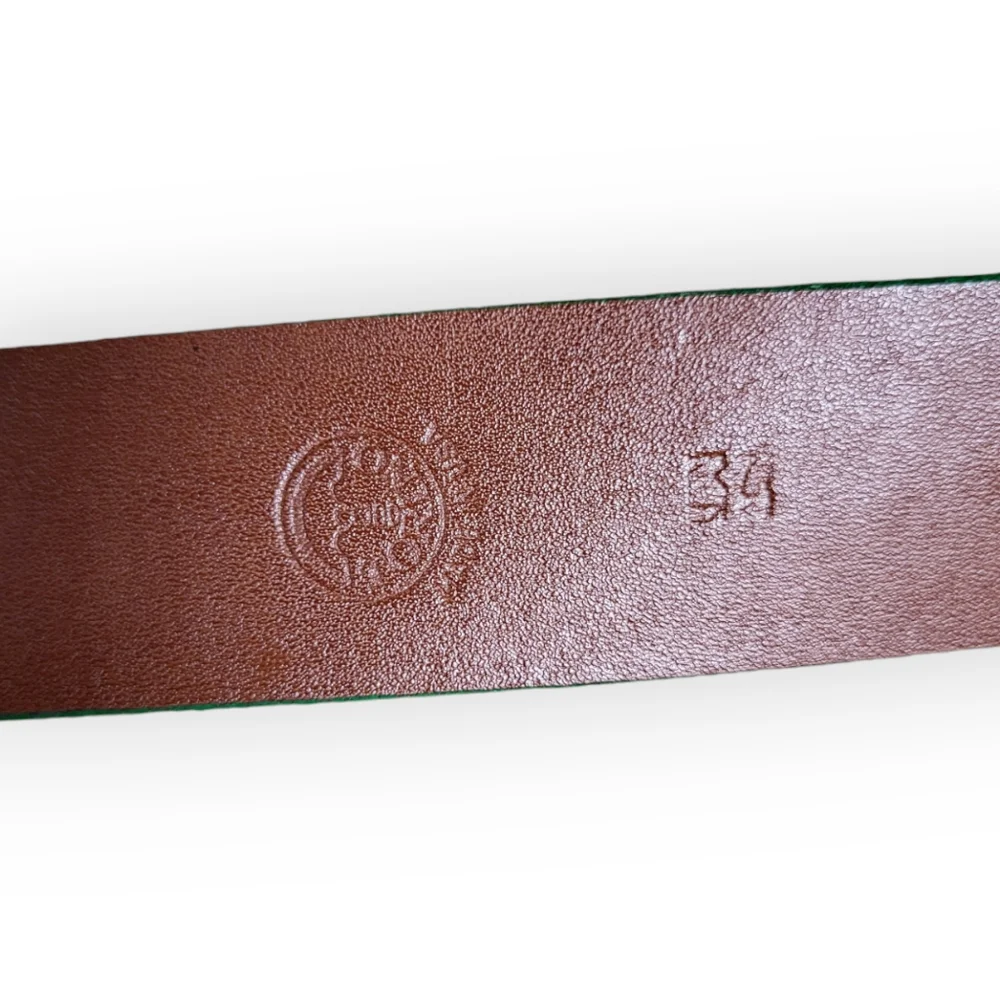 TORINO Italian Embossed Calf Leather Belt in Tan with Green Trim Size 34
